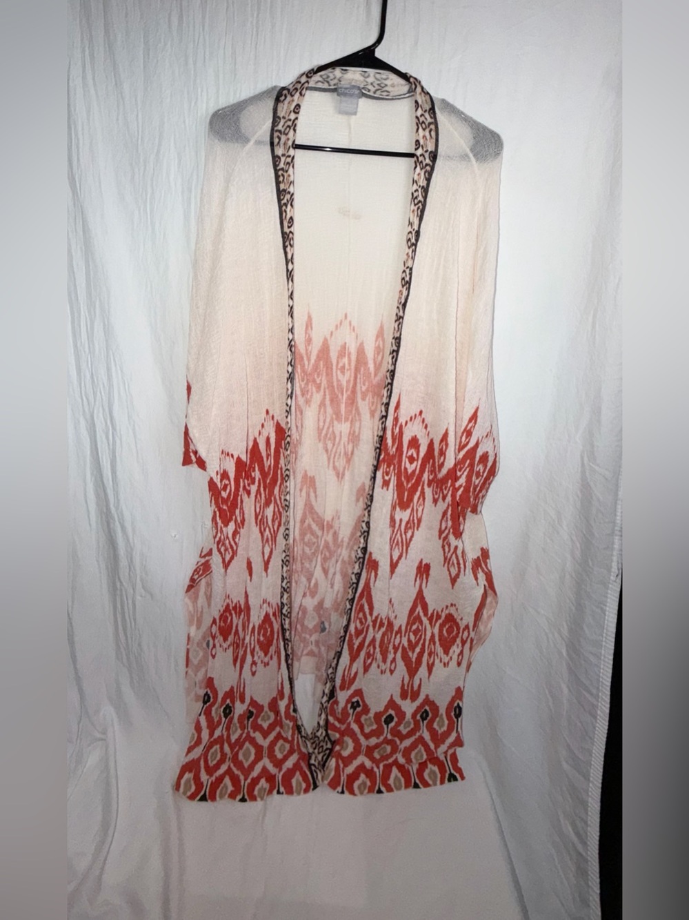 Chico’s Open Front Lightweight Ikat Duster Kimono Sweater Orange Beige Size 2/L
